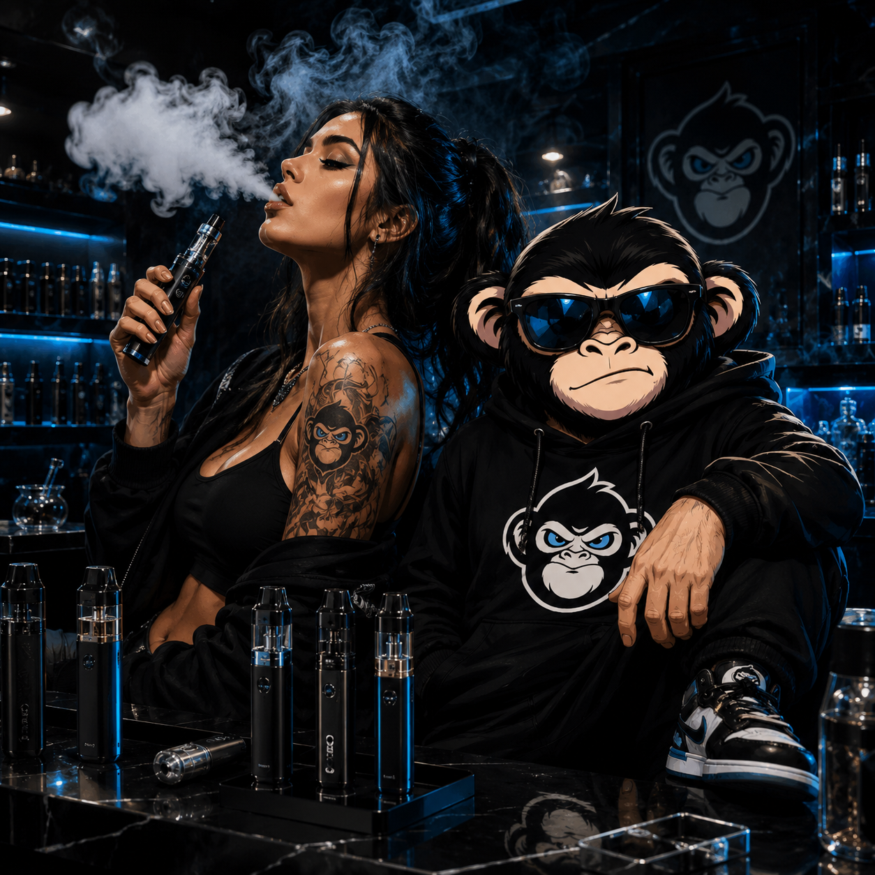 Vapes y desechables premium con estética nocturna